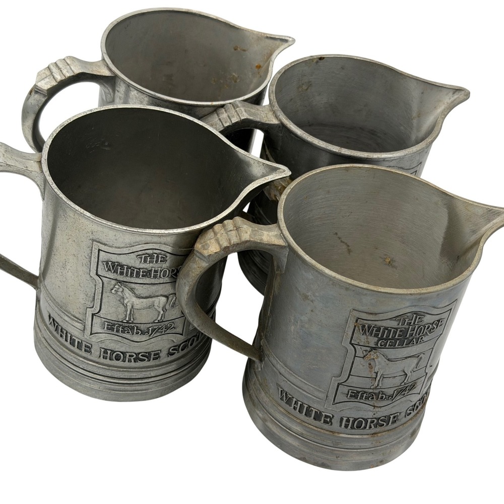 Vintage White Horse Scotch Whisky Metal Pub Pitchers Set of 4 Glasgow Scotland